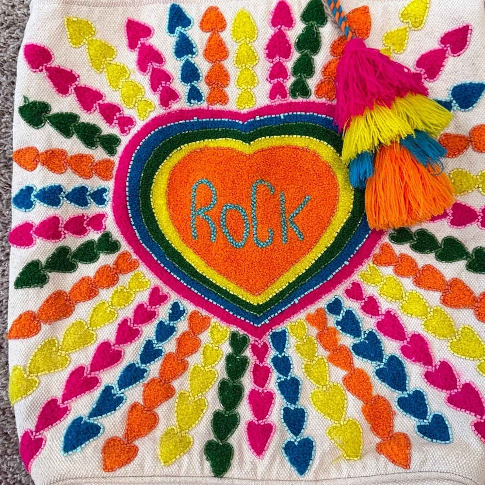 Katydid Heart ROCK Tote Bag Festival Maximalist Embroidered Shoulder Purse